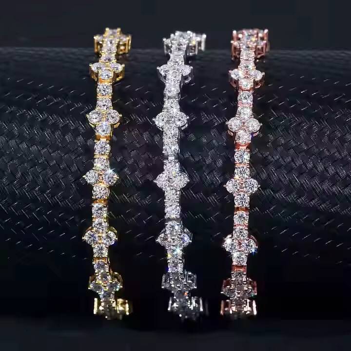 Stylish New Design Fashion Womens 925 Silver 18K Gold Plated VVS Moissanite Iced Four Leaf Clover Cross Tennis Chain