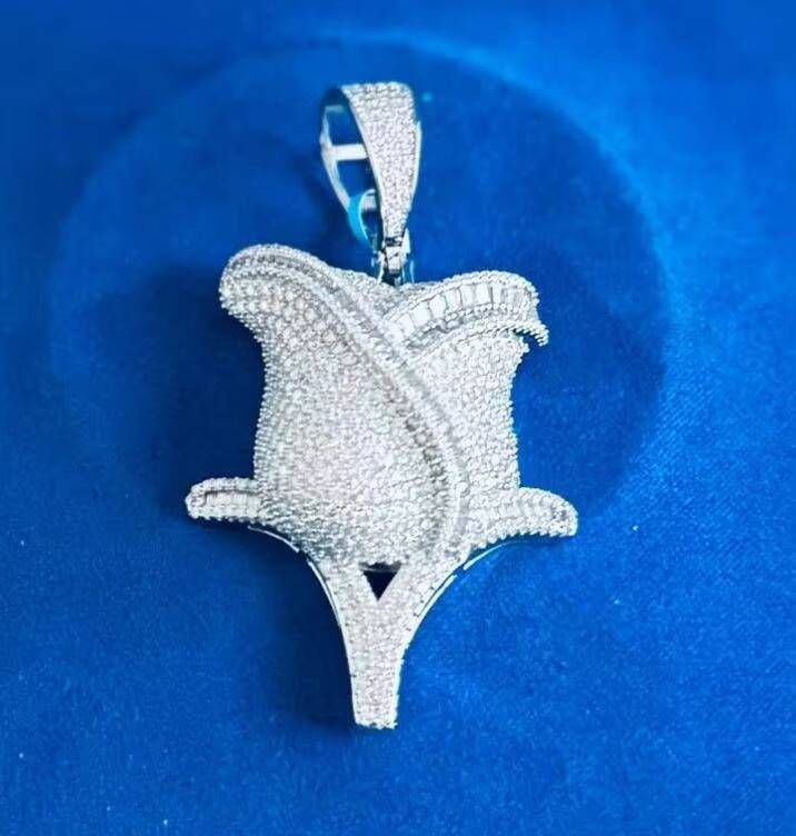 Luxury Iced Rose Pendant 12 VVS Moissanite Sterling Silver Hip Hop Jewelry White Gold Finish Unisex Premium Street Style