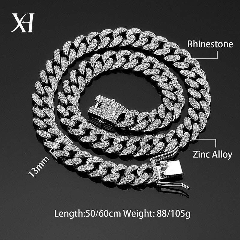 Cross-border bestseller 13mm Cuban chain high-quality alloy diamond necklace, men's women's bracelet, European and American hip-hop jewelry