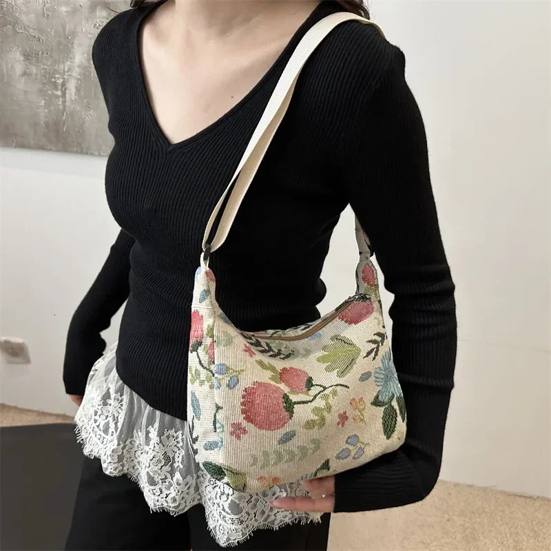 Women Small Underarm Bag Chinese Style Shoulder Versatile Literary Prints Cloth Crescent Pack Portable Womens Handbags 260307
