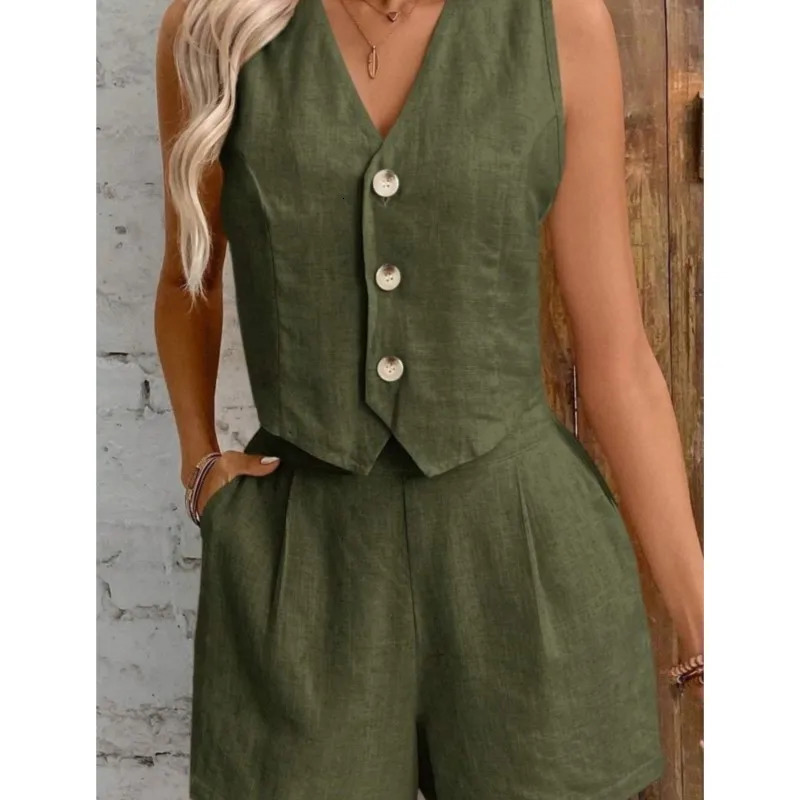 Summer Women 2Pcs Sets Sleeveless TShirt Shorts Cotton Linen Vest White Short Two Pieces Office Lady Outfit Casual 260306