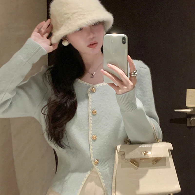 Womens French Fashion Square Neck Singlebreasted Slim Knitted Sweater Cardigan 260306