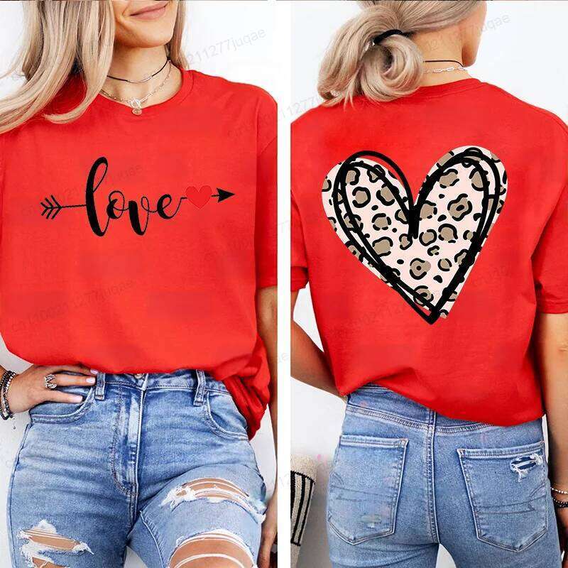 Leopard Print T Shirt for Women T-shirt Girl Casual Short Sleeve O Neck Top Valentine Heart Summer Female Clothing Tshirt XJ260306