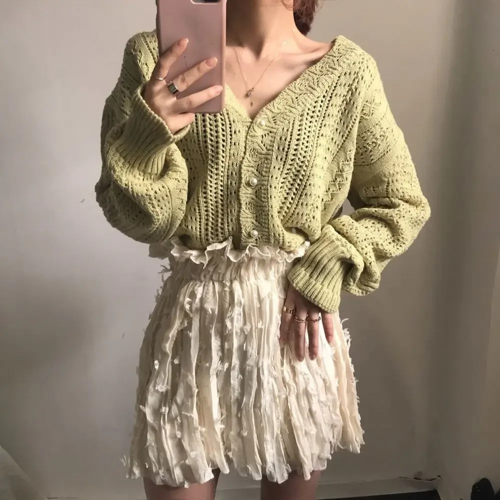 Women Spring Summer Sweater and Cardigans Low V-Neck Knit Tops Long Sleeve Hollow Out Sexy Cardigan Loose White Tops 260305