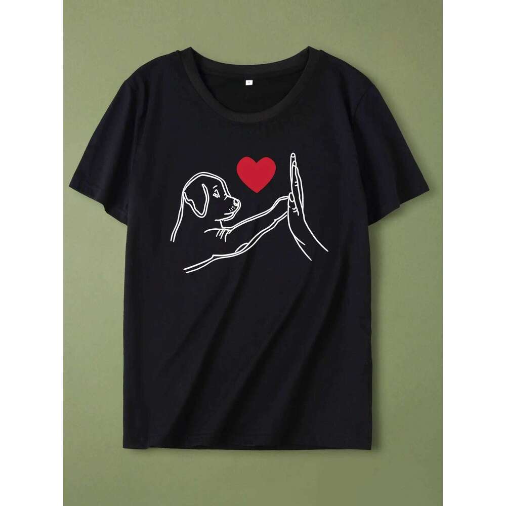 Cute Puppy High-Five Heart Graphic Print Harajuku Short Sleeve Casual Women's T-shirt Clothing Street Tops Tees XJ260306 XJ260306