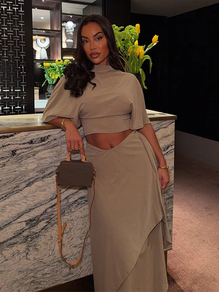 Solid Loose Casual Top Midi Skirt Set High Neck Batwing Sleeve Tops Asymmetrical Bottoms 2026 Spring Cozy Elegant Women Suit 260306