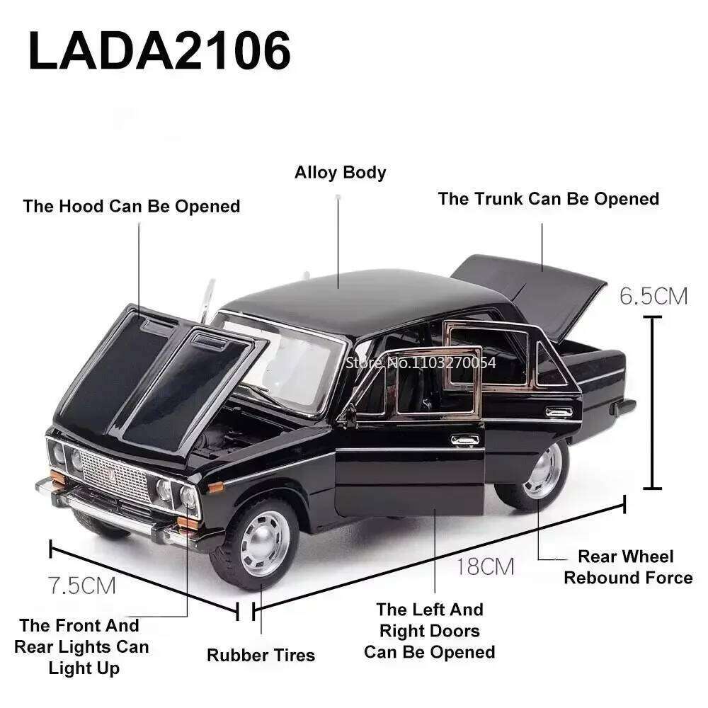 1:24 LADA 2106 M3 Model Toys Diecast Alloy Car 6 Doors Opened Sound Light Pull Back Rubber Tires Miniature Vehices Collect Gifts Z260306
