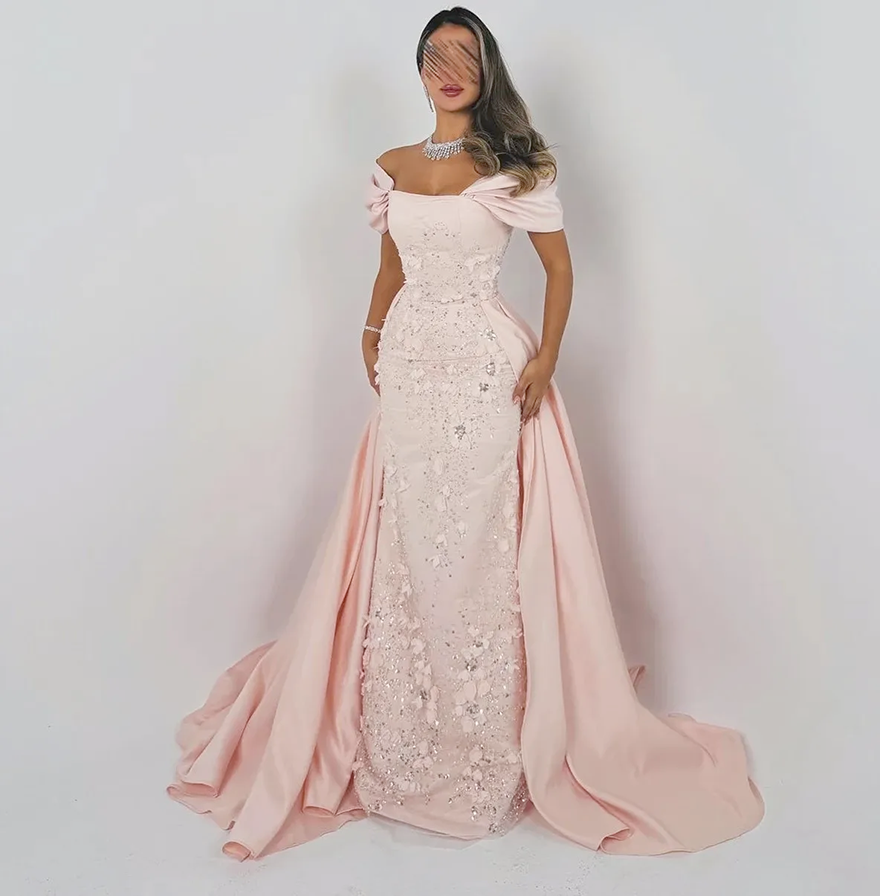 Elegant Light Pink Prom Party Dress 2026 Off the Shoulder 3D Flowers Lace Satin Long Mermaid Evening Birthday Formal Gowns Robe De Soiree Vestidos Fea
