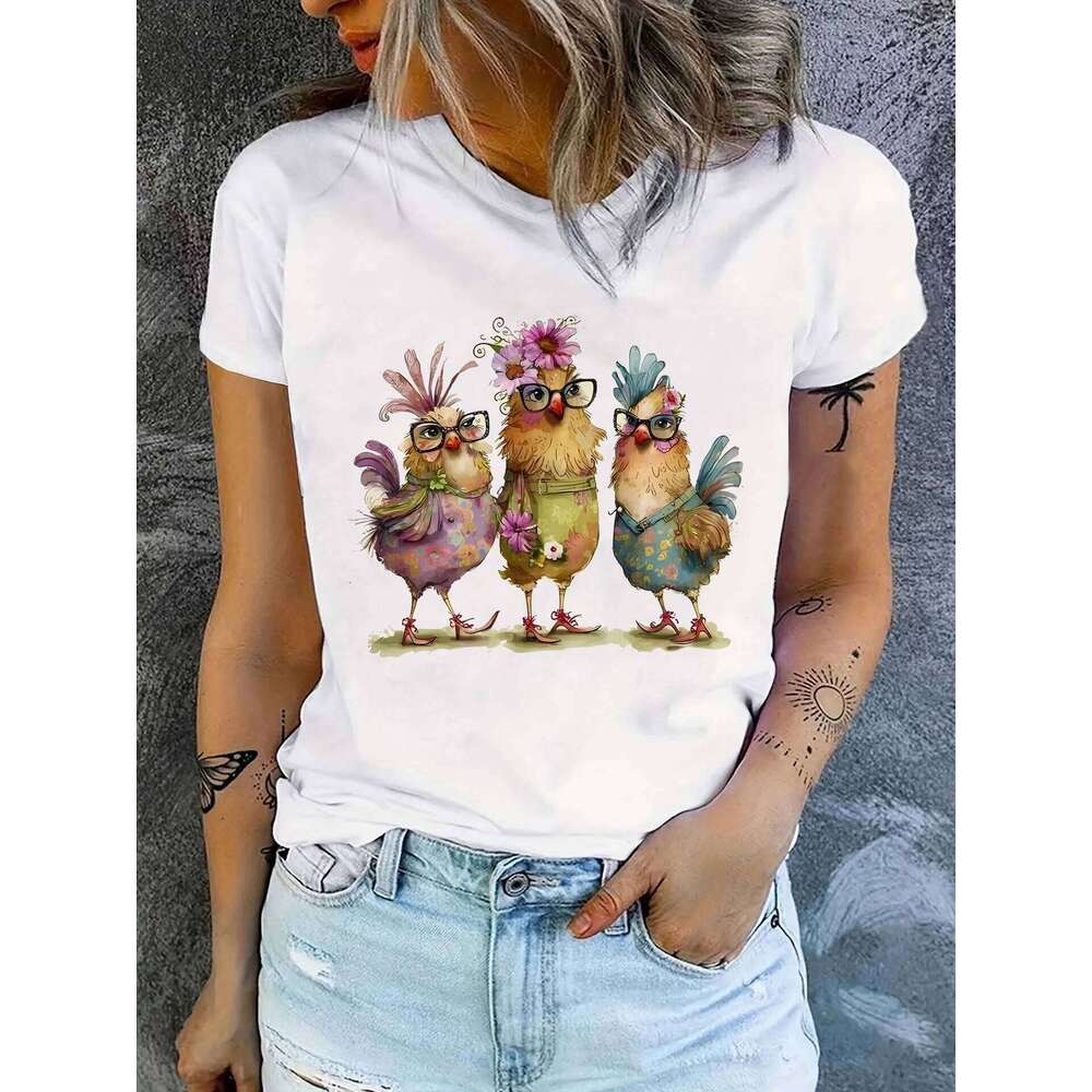 Cute Stylish Chick Trio Women's Tee - Glasses & Floral Outfit Graphic, Whimsical Farm Animal Print for Casual Daily Wear XJ260306 XJ260306