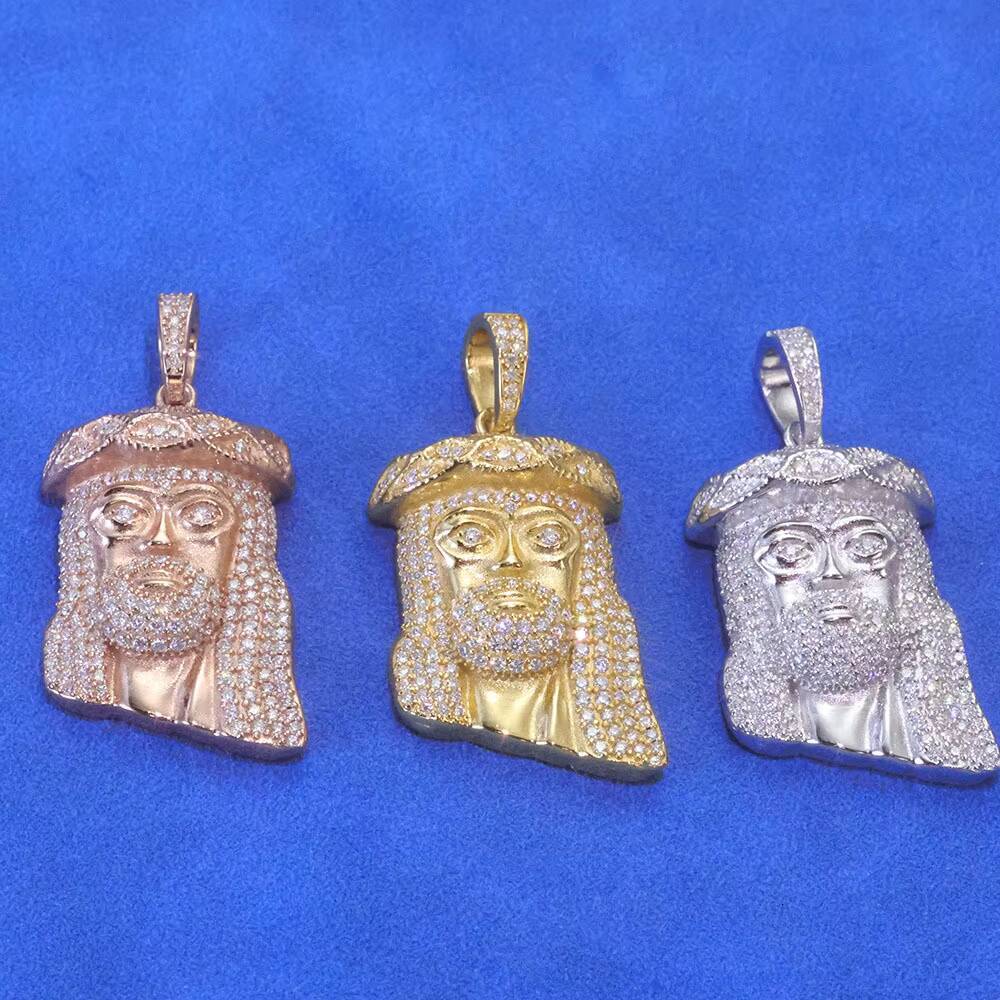 Fine Hip Hop Jewelry Men Christian 18K Gold Plated 925 Sterling Silver VVS Moissanite Brilliant Cut Iced Jesus Head Pendant