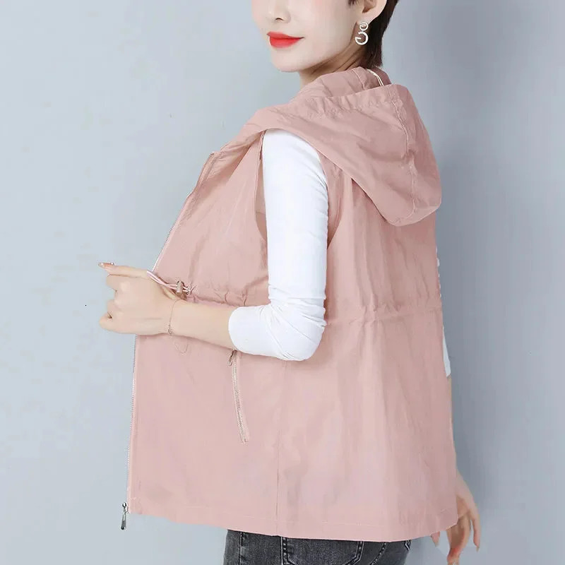 Thin Summer Womens Vest Jacket Short Hooded Sleeveless Coat Female Solid color Casual Liner Waistcoat Jackets Tops 260306