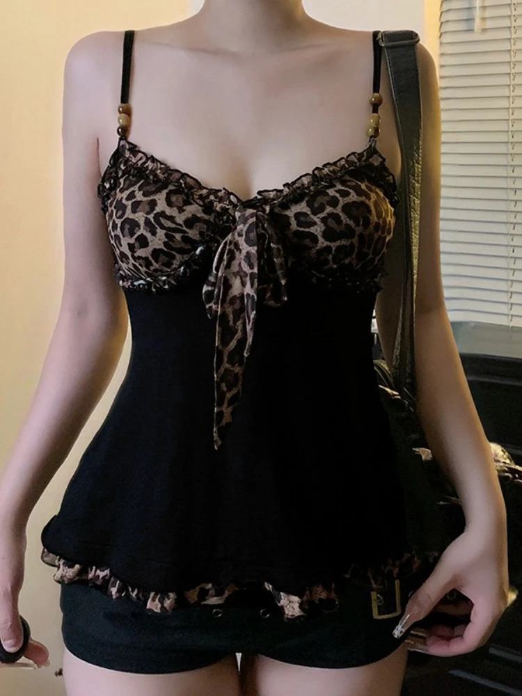 American sweet Y2k Leopard Camisole Women Retro Streetwear E-girl 90s Dark Gothic Sexy Patchwork Lace-up Crop Tank Top Femme 260306