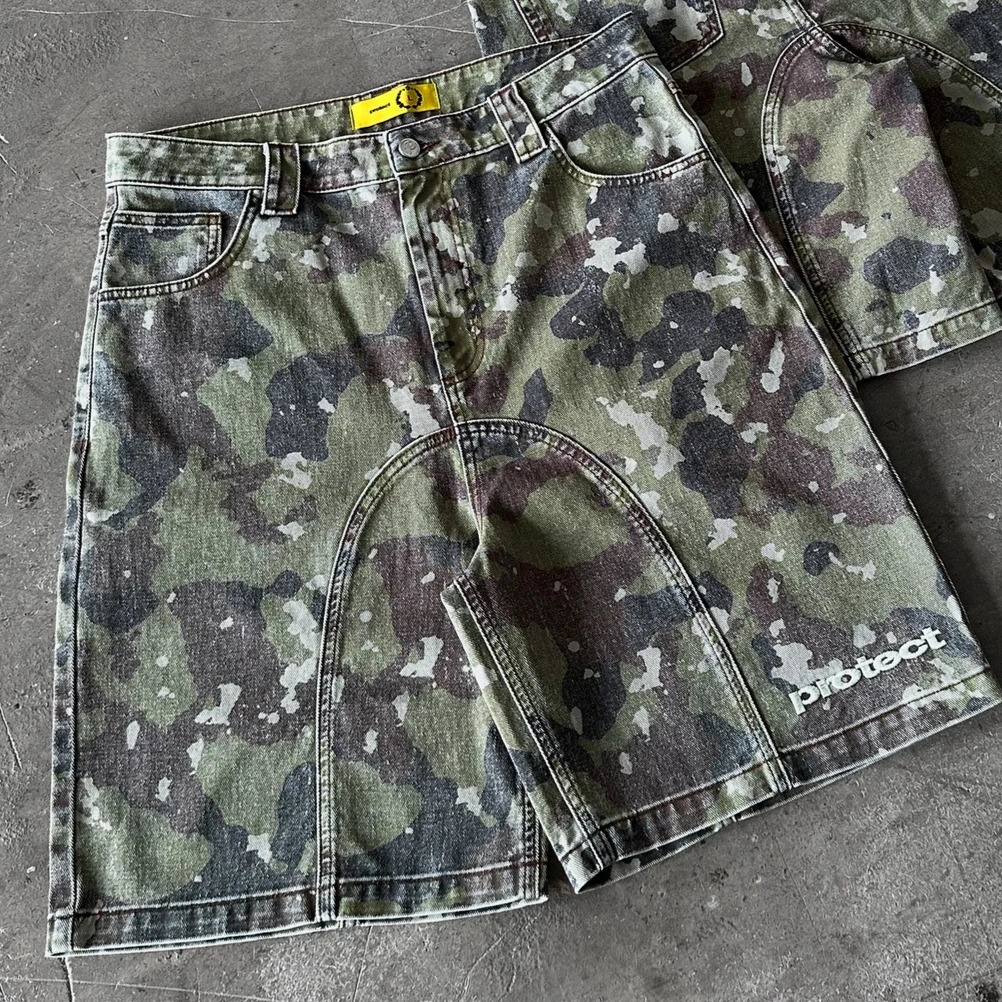 Retro Leaves Camouflage Denim Shorts Y2K Jeans Men Hip Hop Lettering Embroidery Retro Baggy Shorts Low Waist Over The Knee Pants 260306