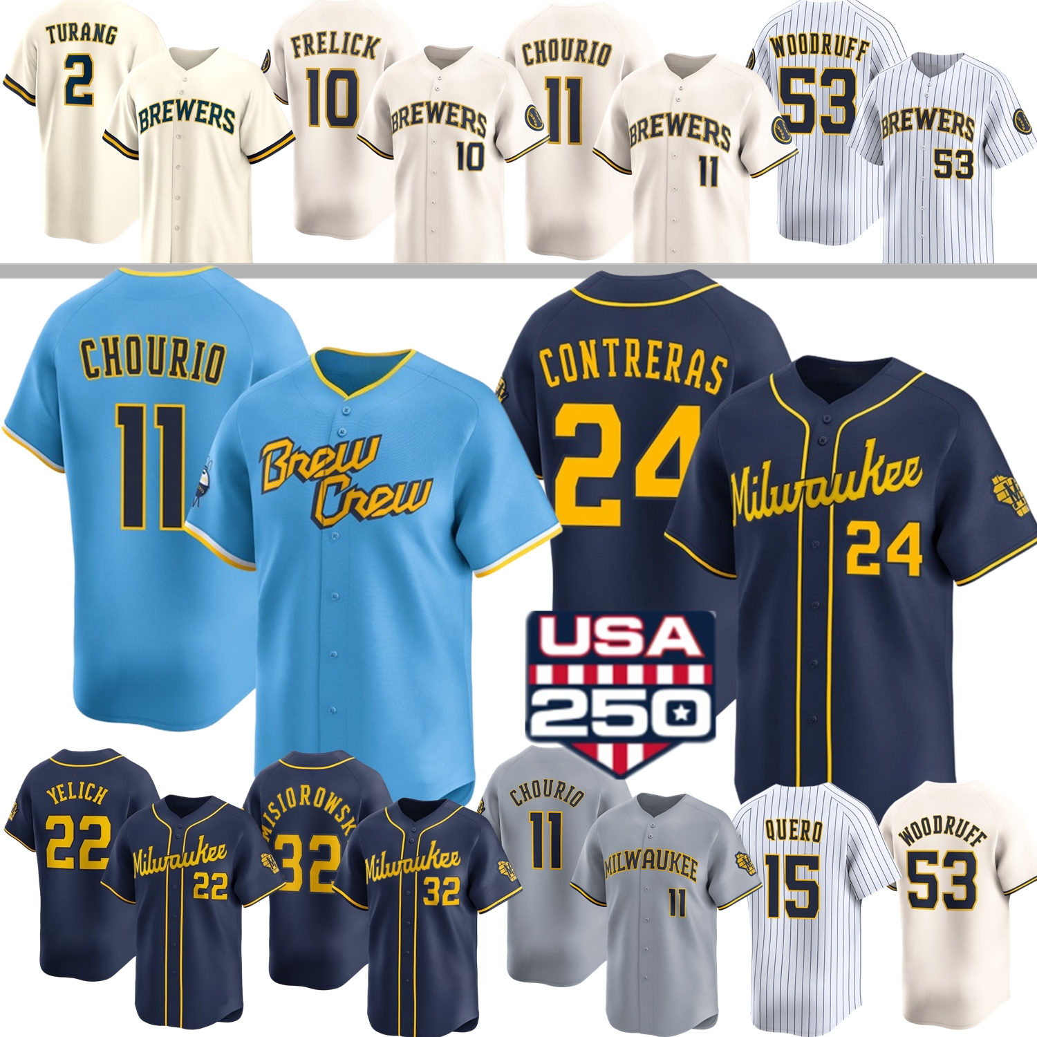 Milwaukee Jersey Jackson Chourio Brewerses William Contreras Jesus Made Brandon Woodruff Quero Yelich Jett Williams Misiorowski Turang Mitchell Sproat Custom
