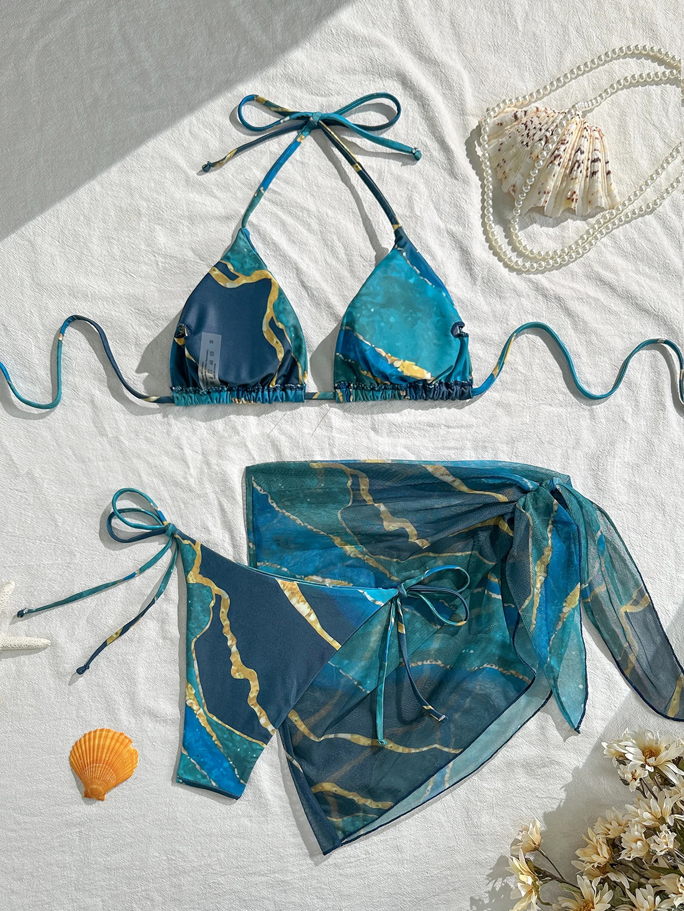 Womens ThreePiece Swimsuit Set Blue Marble Print Sexy Bikini with TieUp Triangle Top Bottoms Mesh Skirt Wrap Beach Swimwear 260306