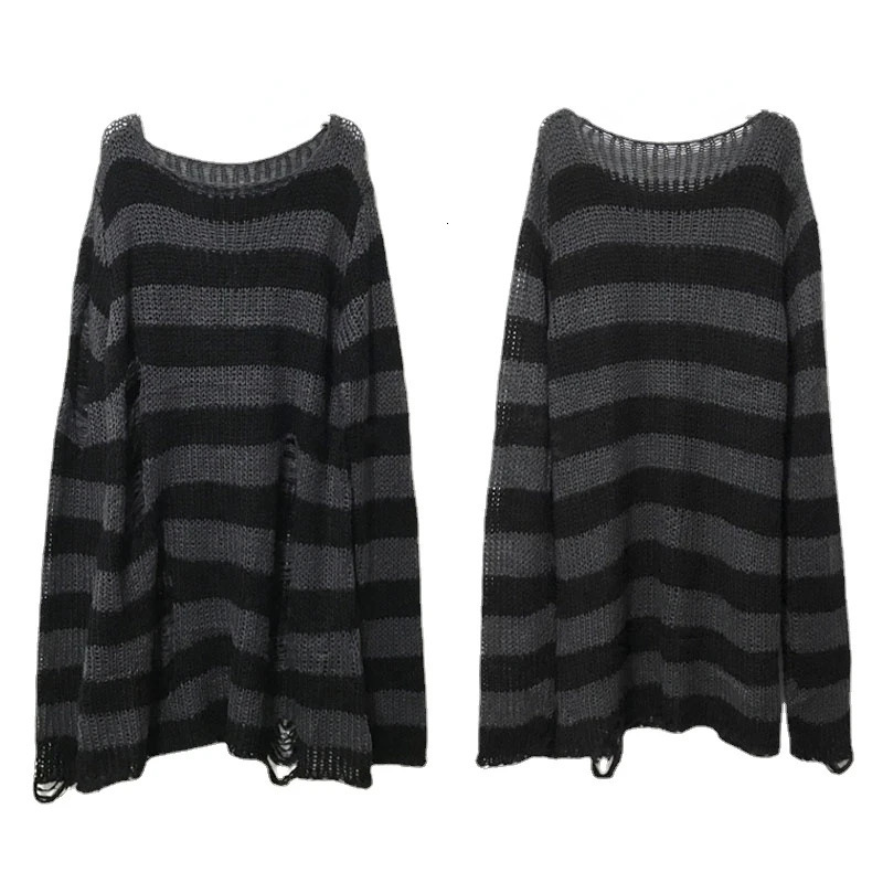 Punk Gothic Long Unisex Sweater Summer Women Striped Cool Hollow Out Hole Broken Jumper Loose Rock Thin Dark Streetwear Top 260306