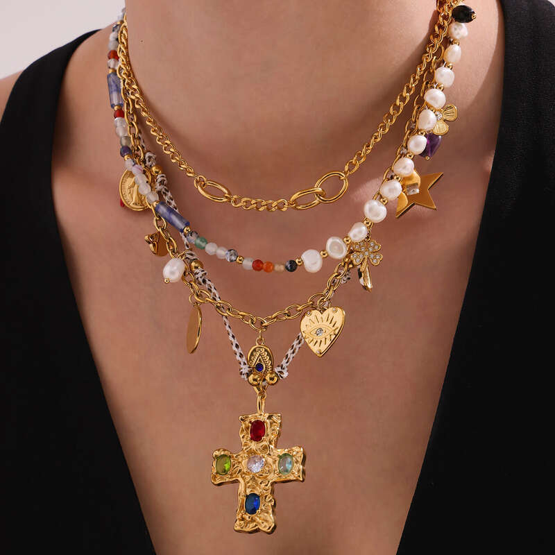 Women's Vintage Bohemian Necklace: Stainless Steel Cross Pendant Multi-accessory Freshwater Pearl Natural Stone Long Necklace Layered Unisex Part