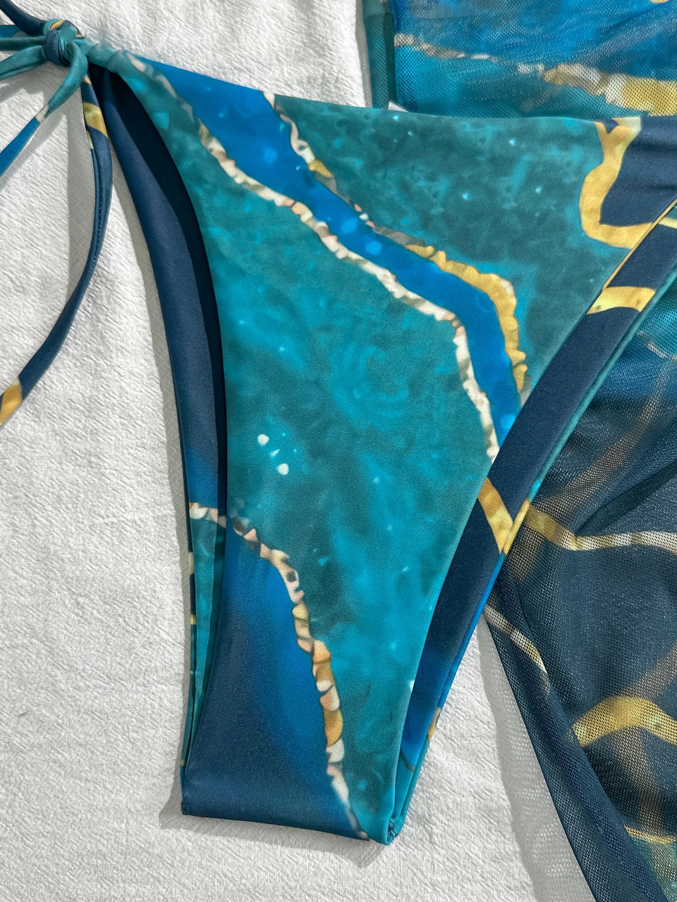 Womens ThreePiece Swimsuit Set Blue Marble Print Sexy Bikini with TieUp Triangle Top Bottoms Mesh Skirt Wrap Beach Swimwear 260306