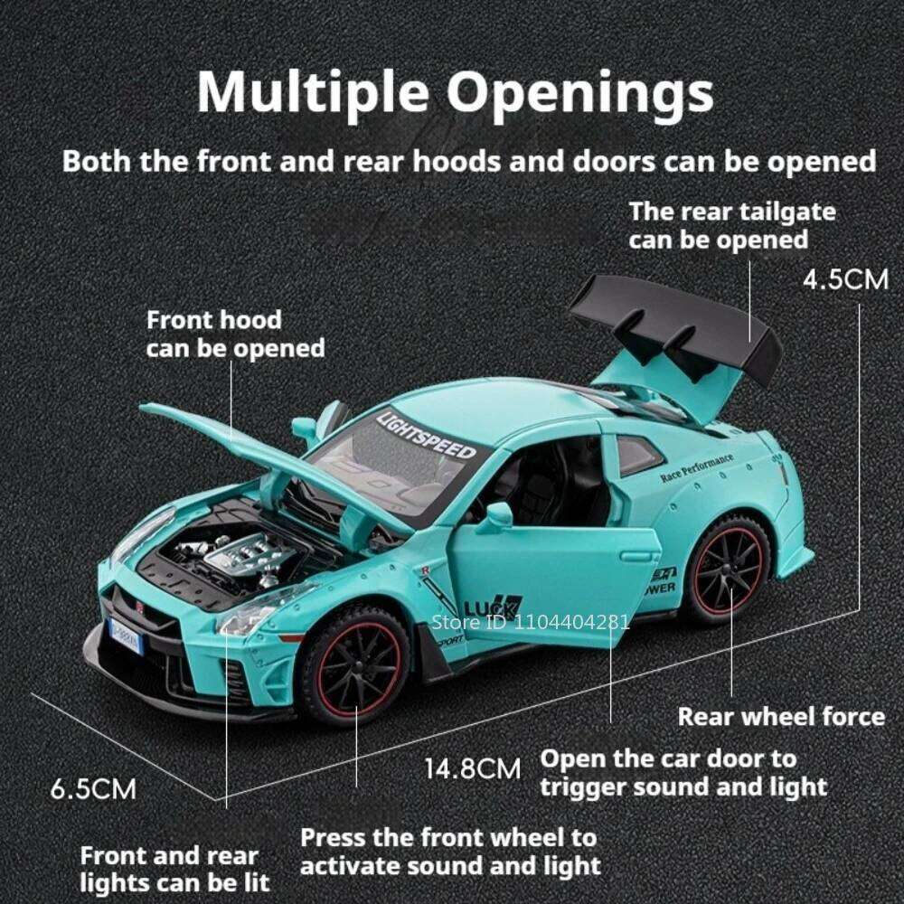 1:32 GTR Sports Car Diecast Model Alloy Toys 4 Doors Opened with Sound Light Pull Back Miniature Vehices Festival Surprise Gifts Z260306
