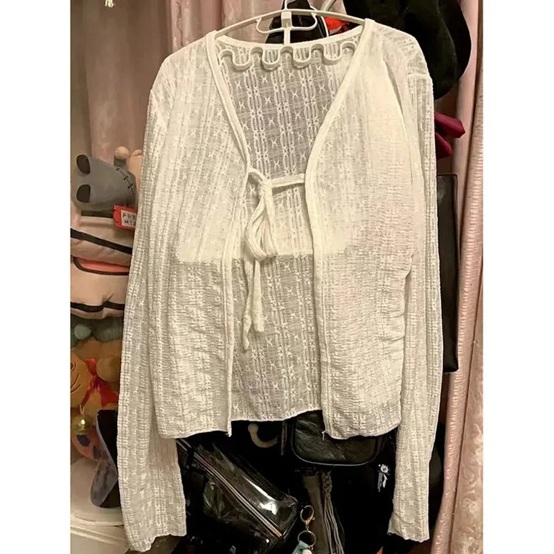 Womens Knitted Summer Top Thin Short Sleeve Bow n Korean Cardigan Fashion Casual Solid Color Sun Protection Y2k Blouse 260306