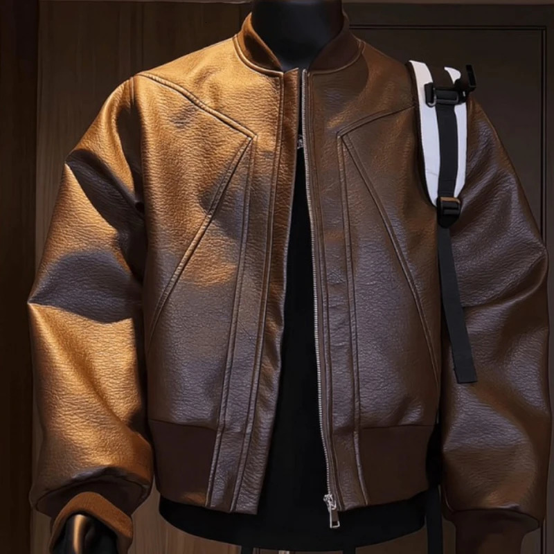 American Trend Retro Crack Leather Versatile Casual Jackets Stand Collar Leather Bomber Mens Fashion Commuter Leather Coat 260306