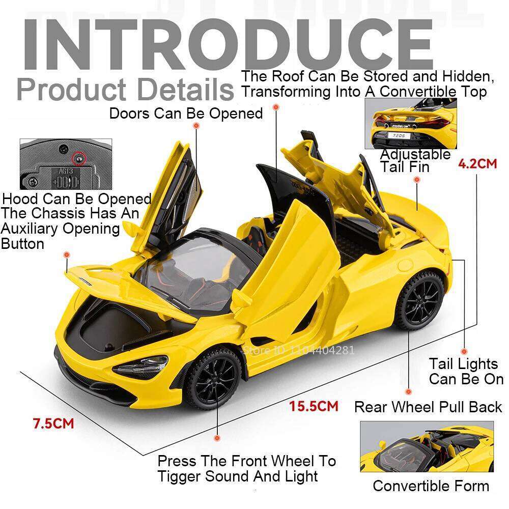 1: 32 Scale 720S Alloy Model Toys Diecast Car Doors Opened Sound Light Pull Back Miniature Vehices Desktop Collection Ornaments Z260307