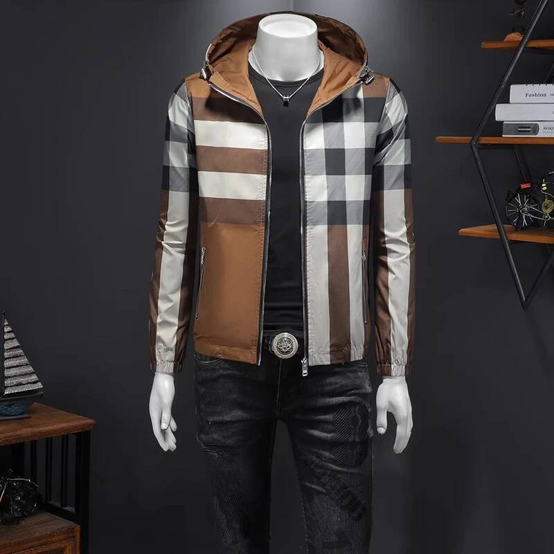 Minglu Plaid Printed Zipper Men's Jackets Luxury Spring Auutmn Hooed Casual Male Coats Long Sleeve Man Overcoats Plus Size 5XL