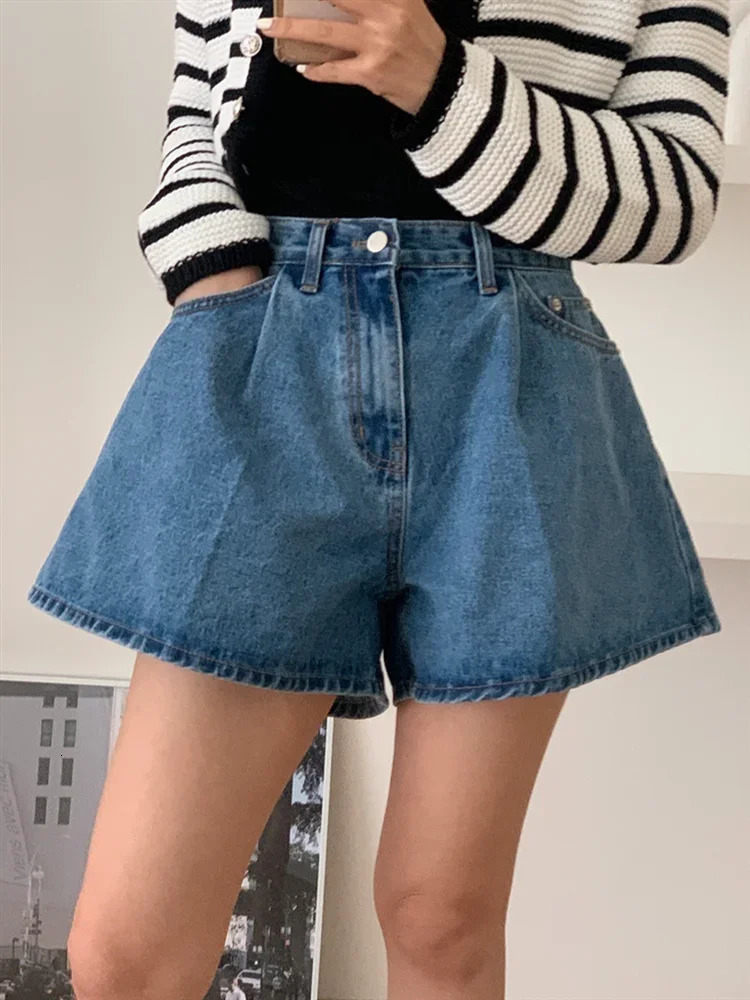 REALEFT High Waist Washed Womens Denim Wide Leg Shorts Summer Buttons Casual Female Blue Jeans Trouses Pockets 260306