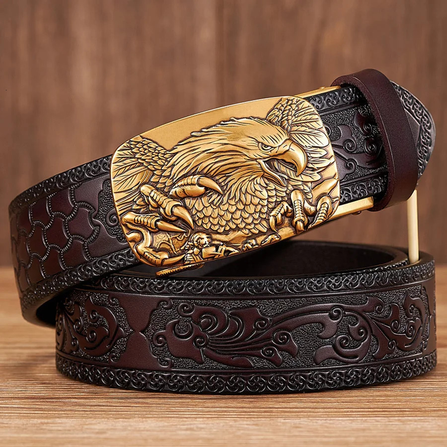 35CM Eagle Automatic Buckle Belt Emboss Cowskin Belt Quality Men Wasitbad Strap Genuine Leather Gift Business Belt For Jeans 260302