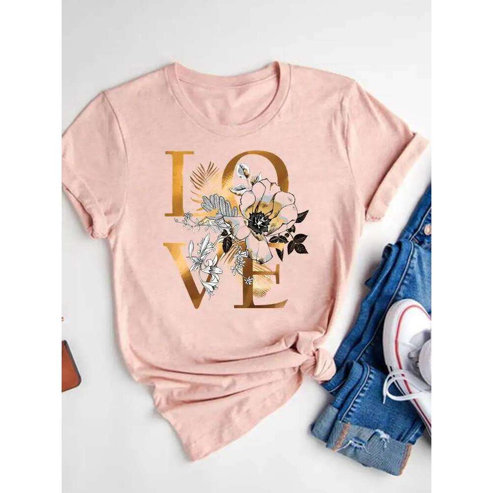 Watercolor Love Heart Sweet Fashion Short Sleeve Print T Shirt Tee Basic Clothing Summer Top Graphic T-shirt Women Clothes XJ260306