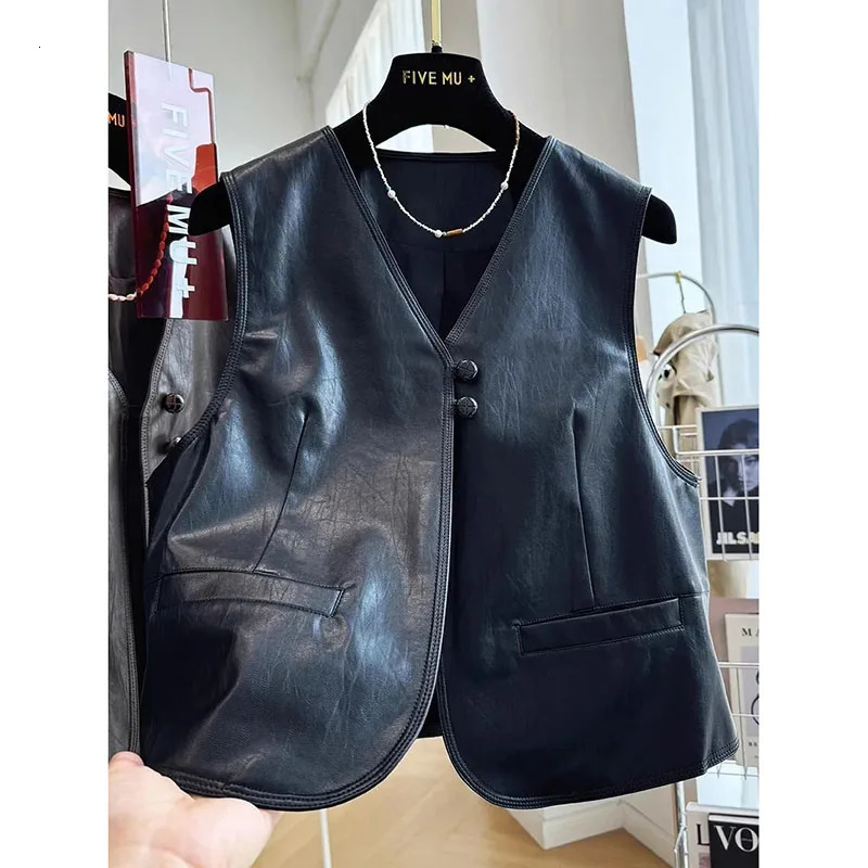 Spring Autumn Retro Style Fashion Womens Suit Vest Jacket Sleeveless Korean Version Ladies Leather WaistCoat Coat 260306