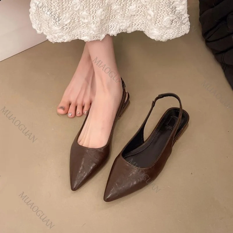 Womens Leather Pointed Toe Slingback Slip-on Low Heeled Sandals Soft Comfortable Casual Female Summer Daily Pumps Footwear Shoe 260303