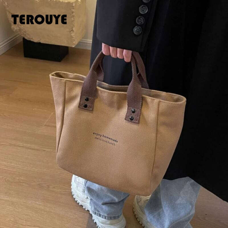 1Pc Classic Canvas Tote Bag, Durable Textile Material, Versatile Solid Color Shoulder Bag For Work And Everyday Use Handbags TEROUYE