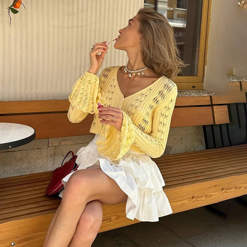 TARUXY Hollow Knitted Cardigan Womens Solid Long Sleeve V Neck Short Sweater Top Summer Female Crochet Casual Outwear 260305