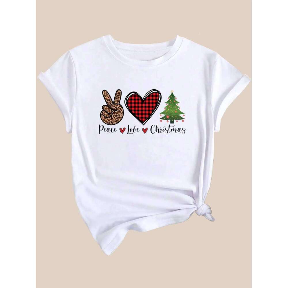 Women's Festive Graphic T-Shirt Casual Crew Neck Peace Love Holiday Design Winter Top for Various Occasions XJ260306 XJ260306
