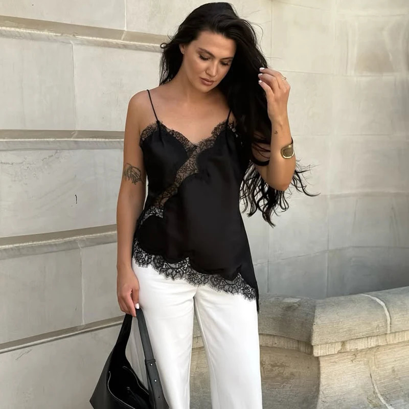 Tornova Sexy Lace Splice Sling Vest For Women Fashion Irregular Sleeveless Tanks Top Girl Casual Club Party Camis 2026 260306