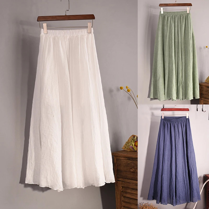Vintage Solid Pleated Long Skirts Cotton Linen Maxi Skirt for Women Summer Elastic Waist Girls Boho Beach Skirt A-Line Skirt 260306
