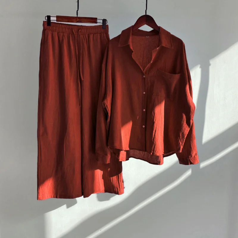 Large Size Two-piece Suit Women Cotton Linen Sets Long-sleeved Blouse Shirt Wide-leg Trousers Spring Summer Loose 2-piece Sets 260304