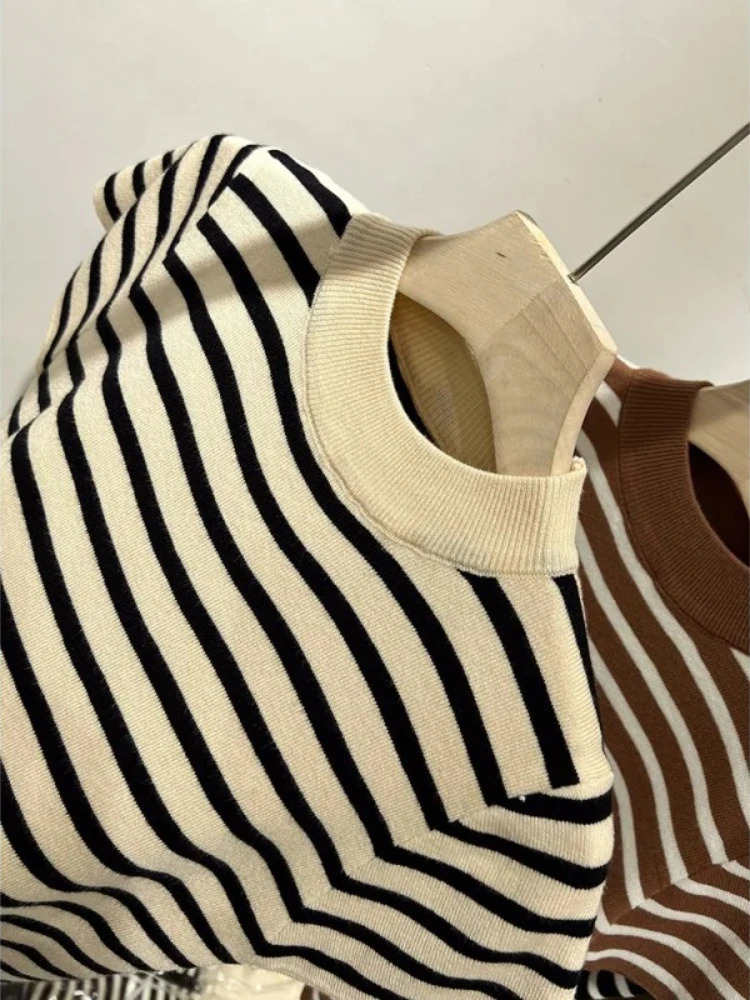 2026 Turtleneck Pullover Striped Sweater Slim Fit Top Shirt Womens Early Spring and Autumn Short Sleeve Bottoming 260306