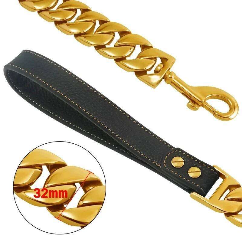 Stainless Steel Pet Lead Traction Super Strong Gold Chain 32Mm 19Mm Bulldog Pitbull Large Dog Collar Leash Bamubi