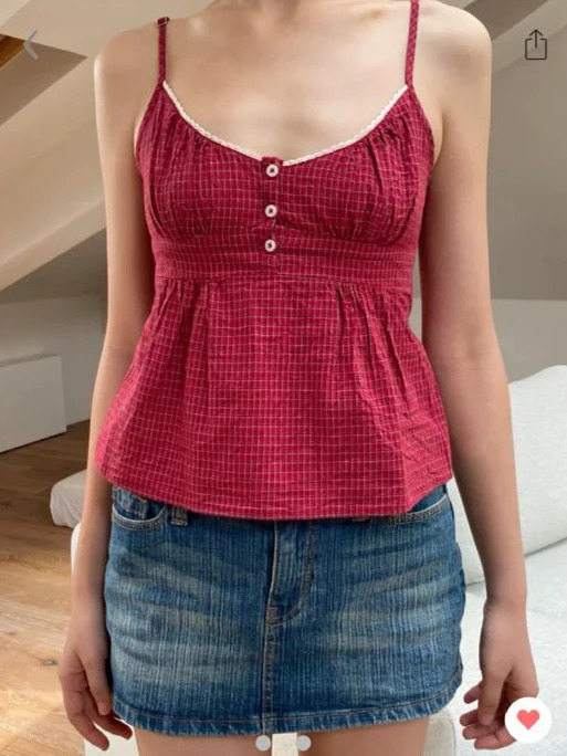 Red Plaid Slim Tank Top Woman Lace Trim Buttons V-neck Back Lace-up Cotton Camis Summer Vintage Streetwear Sweet Crop Tops 260306