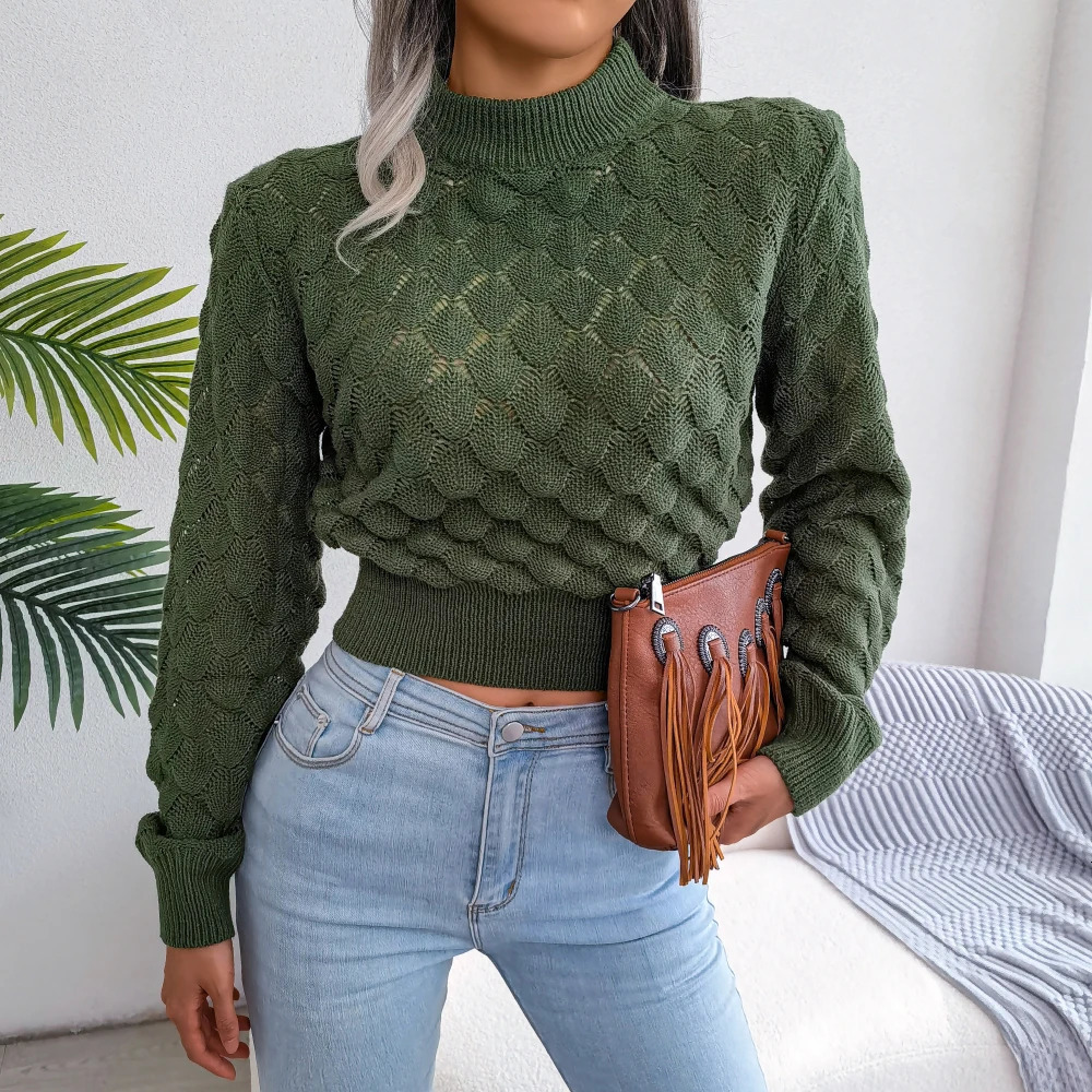Autumn Winter Women Casual Hollow Out Long Sleeve Knitted Pullovers and Sweaters Solid Color Crop Tops Grey Khaki Green 260306