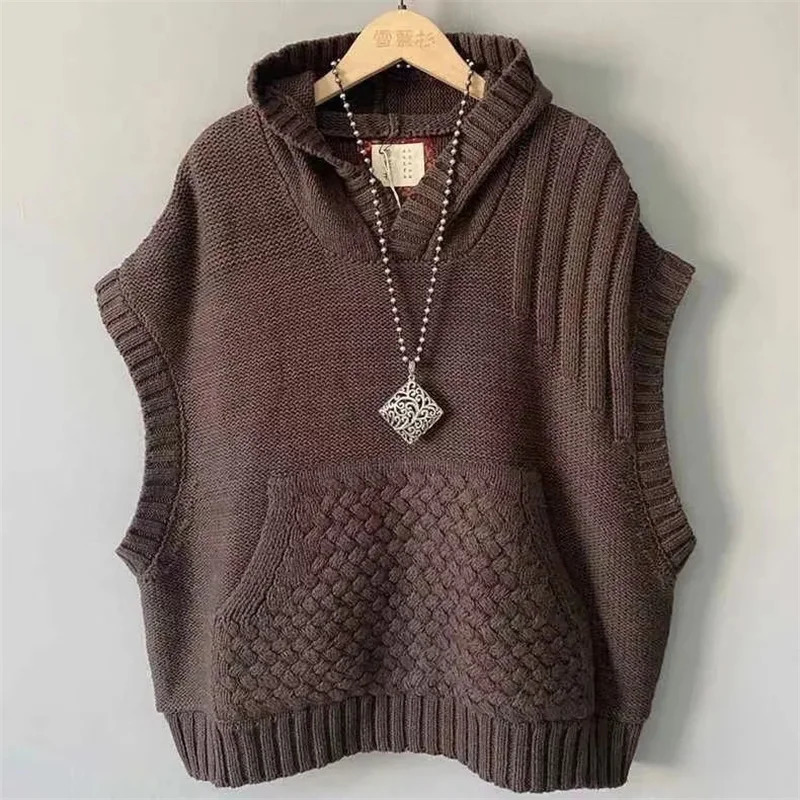 Autumn Winter Sleeveless Age Reduction Ladies knitted Sweater Vest Jacket Hooded Leisure Solid Color Womens Waistcoat Top 260306