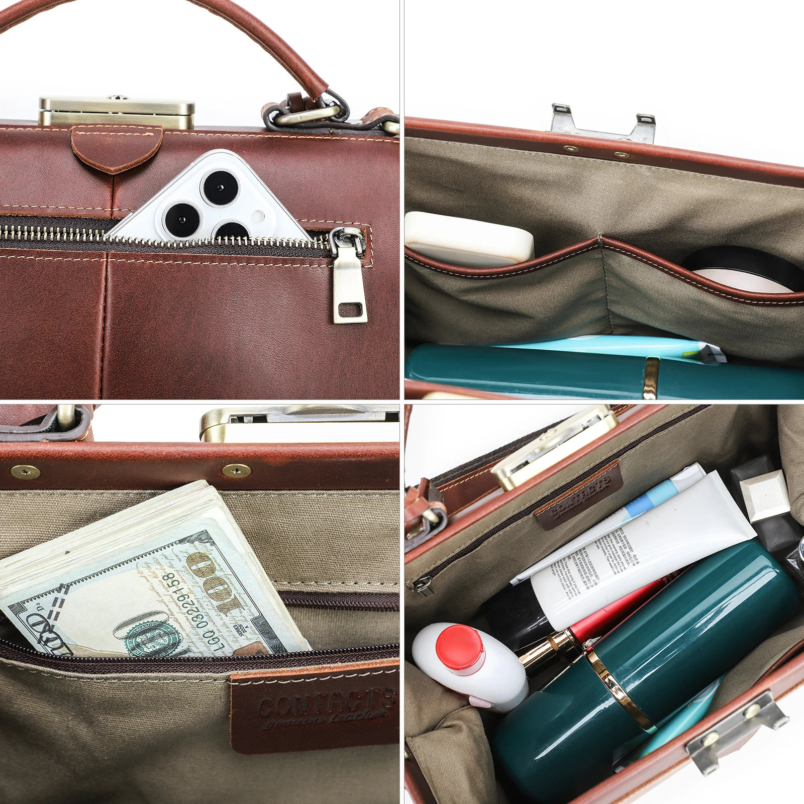 CONTACTS Genuine Leather Top Handle Bags for Women Sling Shoulder Tote Bag Handbags Metal Frame Female Ladies Fashion 260228