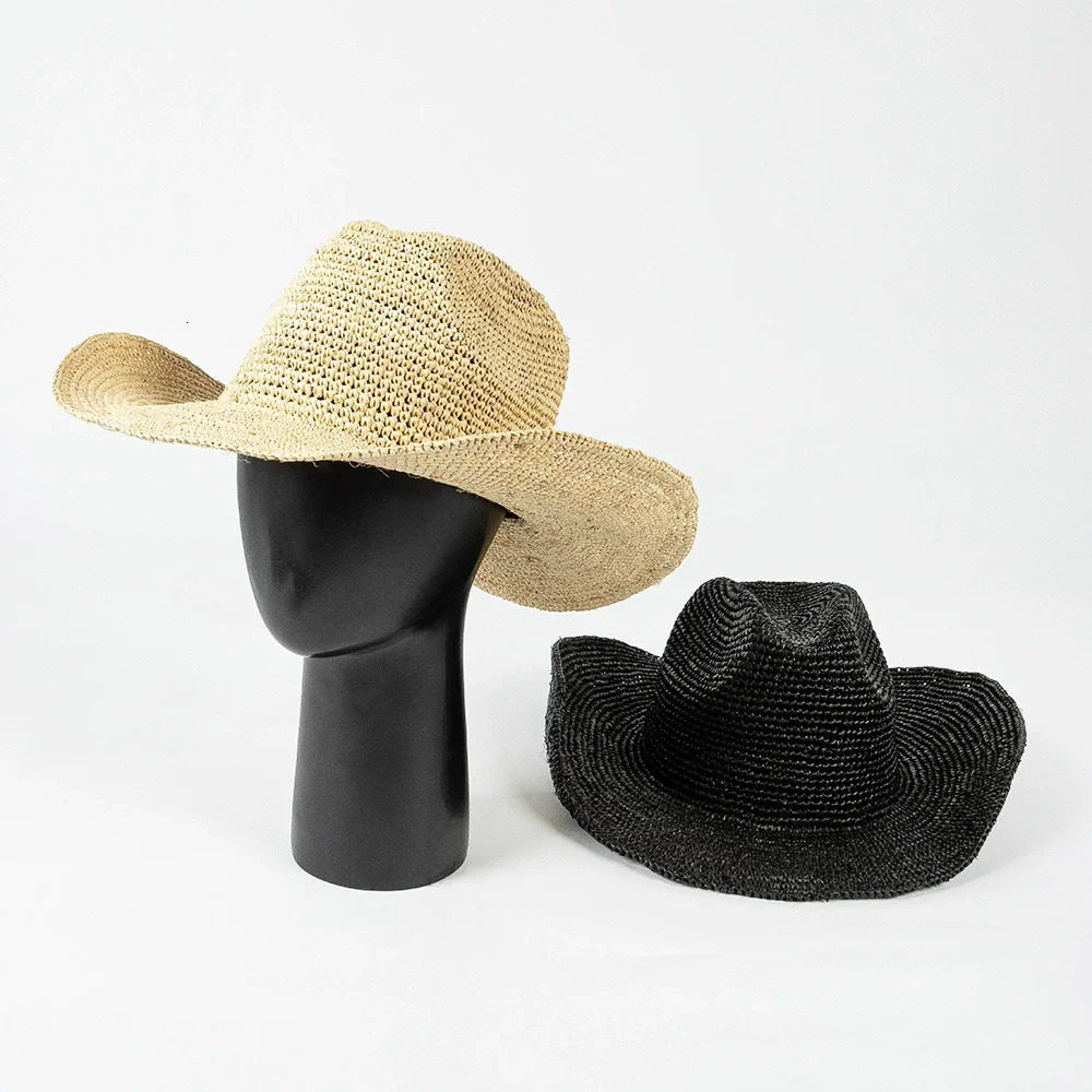 Hand-woven Crochet Natural Raffia Sun Hat Summer Simple Western Cowboy Hats with Curled Brim Beach Sun Protection Straw Hats 260228