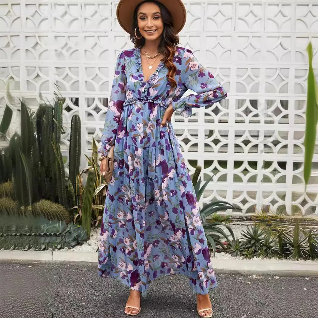 Elegant Floral Print Women Dress Spring Summer Casual Ruffle Layered Long Sleeved Chiffon A Line Maxi Party Vestidos 260306