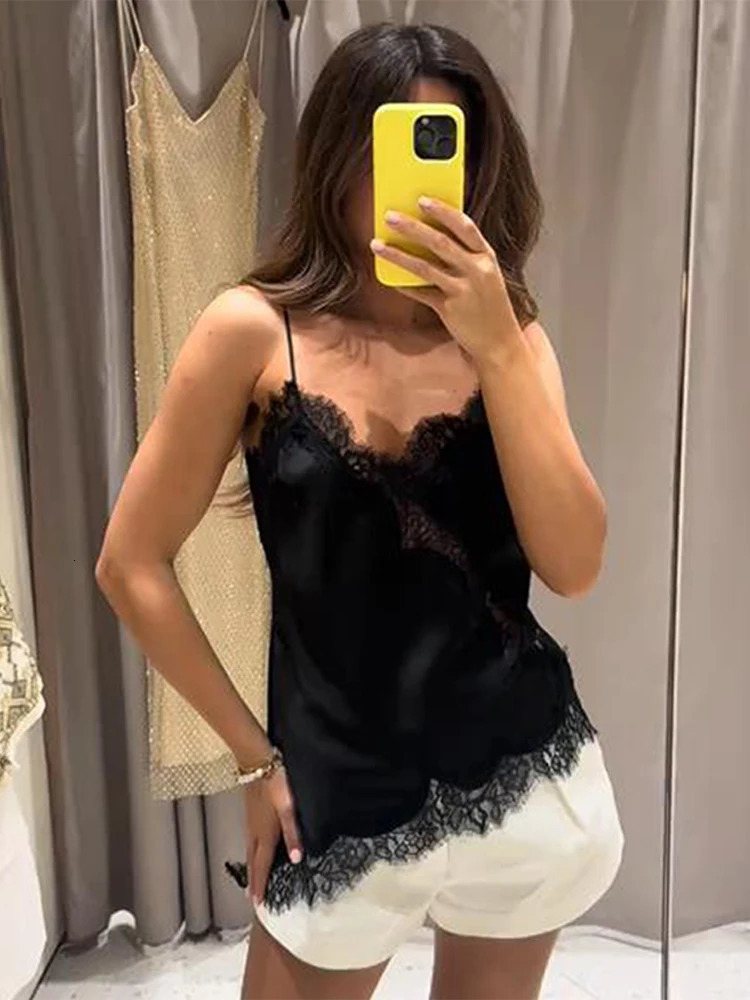 Women Solid Lace Sling Top Fashionable Sleevelesss Patchwork Irregular Tops Female Summer Chic Casual Holiday Vestidos 260306