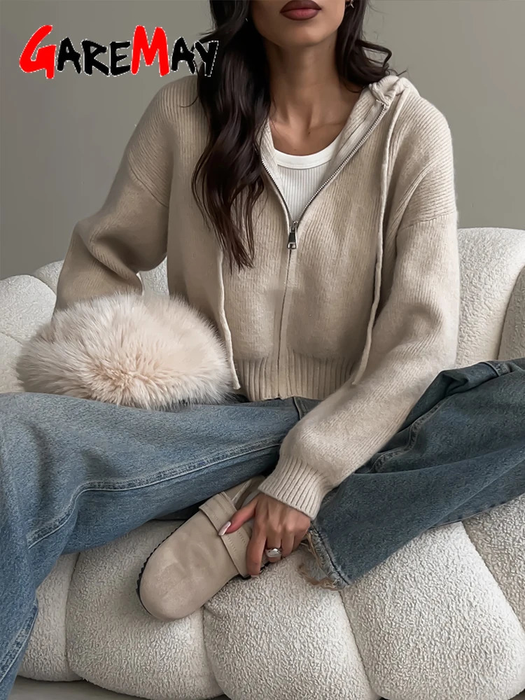 Autumn Knitted Womens Short Cardigan with Zipper Gray Winter Sweater Casual Cute Vintage White Cardigan for Women with Hood 260305
