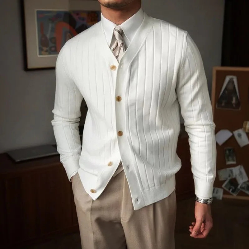 Autumn Winter Mens Business Casual V Neck Cardigan Solid Color Knit Sweatercoat Male Slim Fit Long Sleeve Knitted Sweater Tops 260306