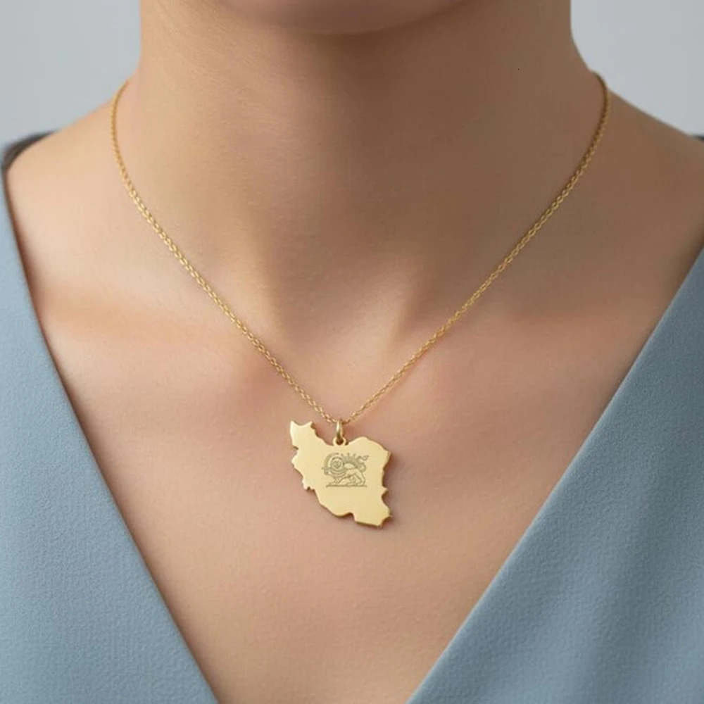Iran Map Persian Lion Sun Pendant Necklace Stainless Steel Women Waterproof Jewelry Gift Wholesale 260306
